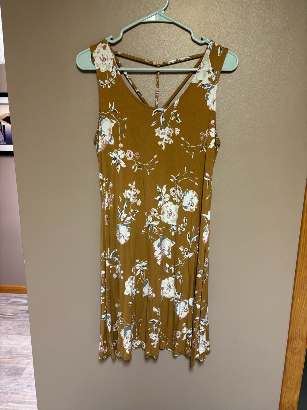Maurices Mustard Floral Sleeveless Mini Dress with White Blossoms